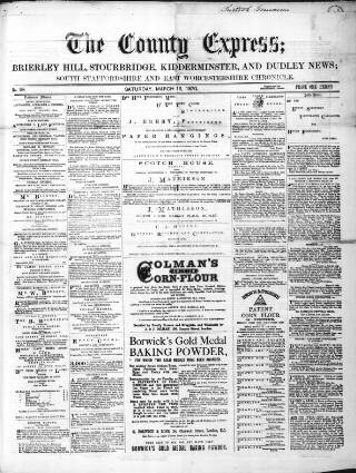cover page of County Express; Brierley Hill, Stourbridge, Kidderminster, and Dudley News published on March 19, 1870