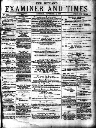 cover page of Midland Examiner and Times published on September 8, 1877