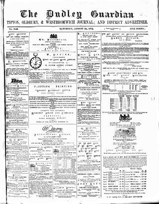 cover page of Dudley Guardian, Tipton, Oldbury & West Bromwich Journal and District Advertiser published on August 29, 1874