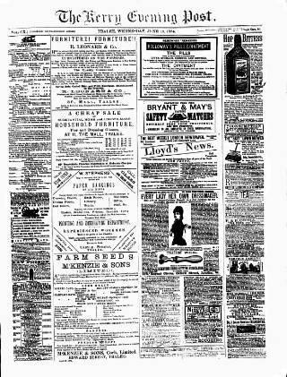 cover page of Kerry Evening Post published on June 18, 1884