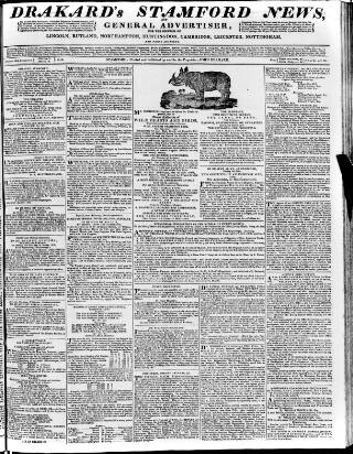 cover page of Drakard's Stamford News published on March 19, 1819