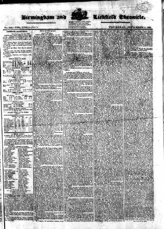 cover page of Birmingham Chronicle published on November 2, 1820