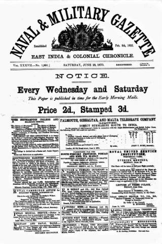 cover page of Naval & Military Gazette and Weekly Chronicle of the United Service published on June 18, 1870