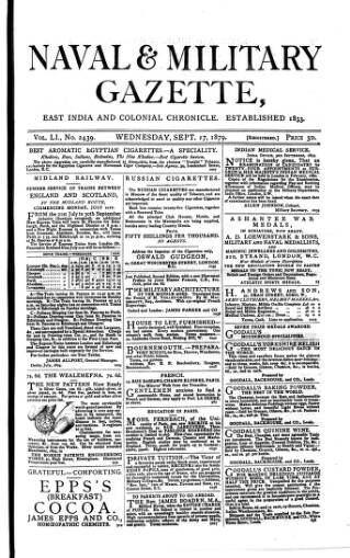 cover page of Naval & Military Gazette and Weekly Chronicle of the United Service published on September 17, 1879
