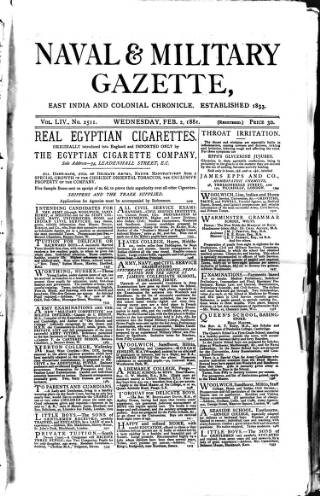 cover page of Naval & Military Gazette and Weekly Chronicle of the United Service published on February 2, 1881