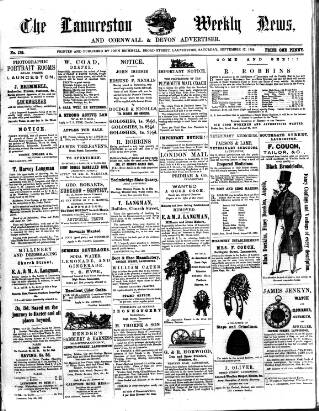 cover page of Launceston Weekly News, and Cornwall & Devon Advertiser. published on September 17, 1859