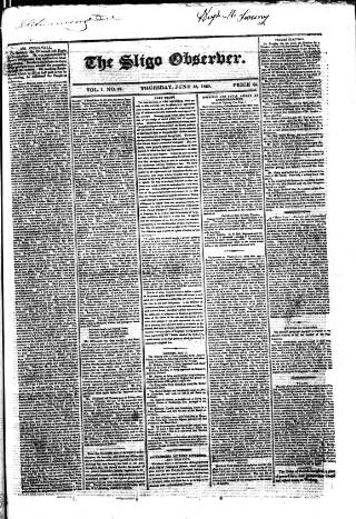 cover page of Sligo Observer published on June 18, 1829