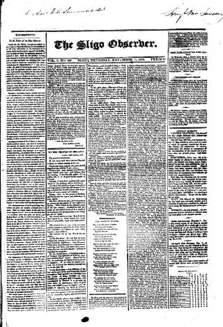 cover page of Sligo Observer published on November 11, 1830