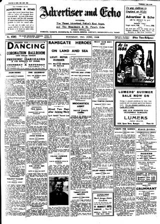 cover page of Thanet Advertiser published on June 18, 1940
