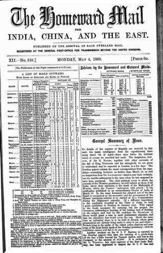 cover page of Homeward Mail from India, China and the East published on May 4, 1868