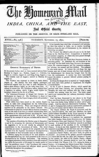 cover page of Homeward Mail from India, China and the East published on September 17, 1872