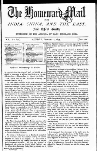 cover page of Homeward Mail from India, China and the East published on February 2, 1874
