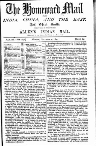 cover page of Homeward Mail from India, China and the East published on November 2, 1891