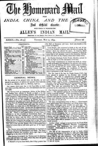 cover page of Homeward Mail from India, China and the East published on May 2, 1893
