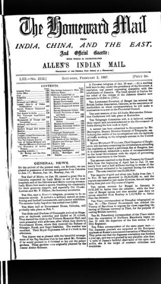 cover page of Homeward Mail from India, China and the East published on February 2, 1907