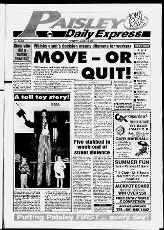 cover page of Paisley Daily Express published on June 18, 1991