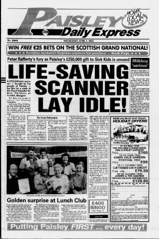 cover page of Paisley Daily Express published on April 1, 1992