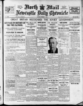 cover page of Newcastle Daily Chronicle published on February 2, 1924