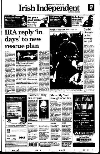cover page of Irish Independent published on August 2, 2001