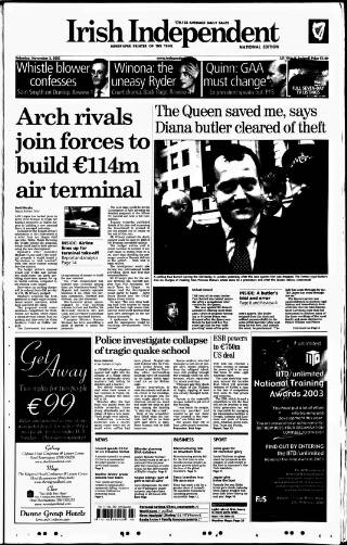 cover page of Irish Independent published on November 2, 2002