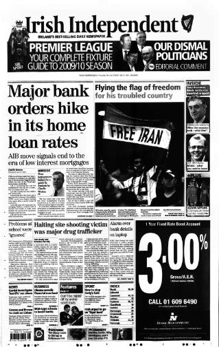 cover page of Irish Independent published on June 18, 2009
