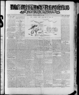 cover page of Midland Reporter and Westmeath Nationalist published on March 19, 1908