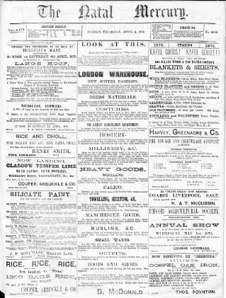 cover page of Natal Mercury published on April 4, 1878