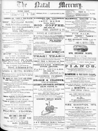 cover page of Natal Mercury published on September 17, 1878