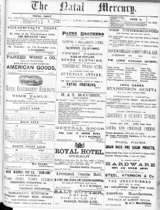 cover page of Natal Mercury published on November 2, 1878