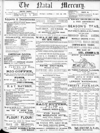 cover page of Natal Mercury published on December 14, 1878