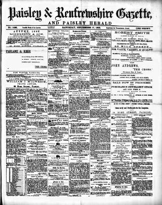 cover page of Paisley & Renfrewshire Gazette published on September 17, 1892