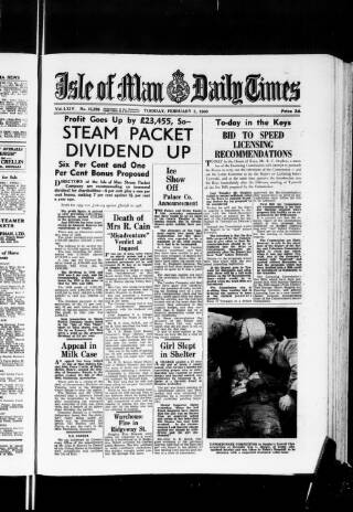 cover page of Isle of Man Daily Times published on February 2, 1960