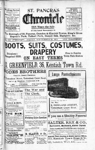 cover page of St. Pancras Chronicle, People's Advertiser, Sale and Exchange Gazette published on September 25, 1914