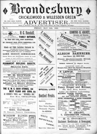 cover page of Brondesbury, Cricklewood & Willesden Green Advertiser published on May 13, 1892