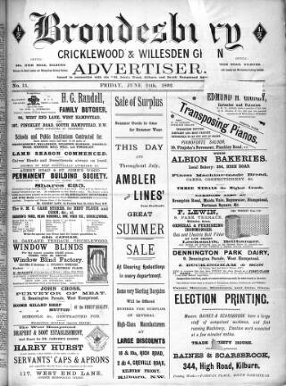 cover page of Brondesbury, Cricklewood & Willesden Green Advertiser published on June 24, 1892