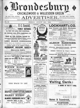 cover page of Brondesbury, Cricklewood & Willesden Green Advertiser published on August 12, 1892