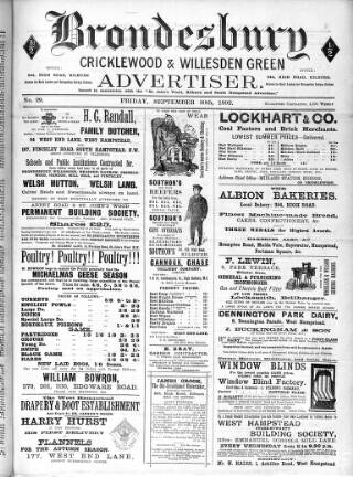 cover page of Brondesbury, Cricklewood & Willesden Green Advertiser published on September 30, 1892