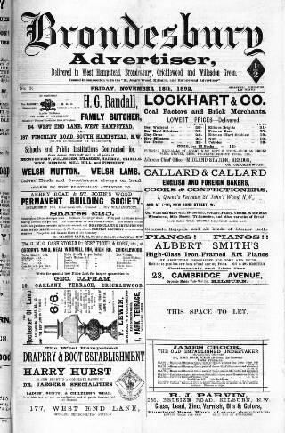 cover page of Brondesbury, Cricklewood & Willesden Green Advertiser published on November 18, 1892