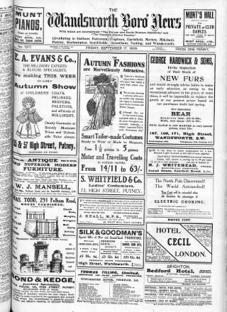 cover page of Wandsworth Borough News published on September 17, 1909