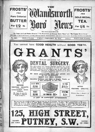cover page of Wandsworth Borough News published on February 20, 1914