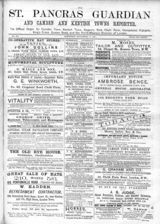 cover page of St. Pancras Guardian and Camden and Kentish Towns Reporter published on September 17, 1881