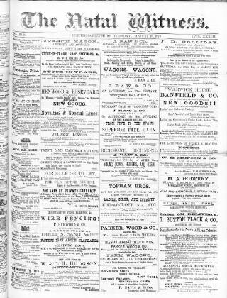 cover page of Natal Witness published on March 19, 1878