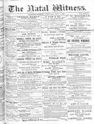 cover page of Natal Witness published on May 4, 1878