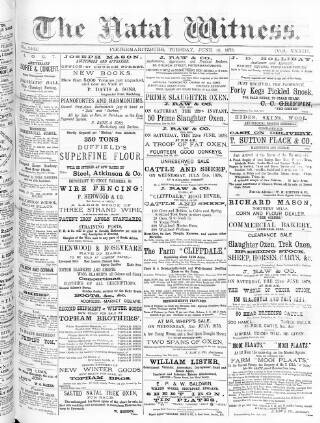 cover page of Natal Witness published on June 18, 1878