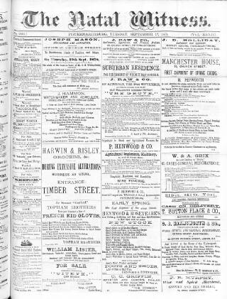 cover page of Natal Witness published on September 17, 1878