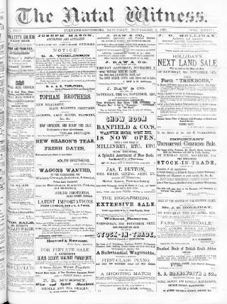 cover page of Natal Witness published on November 2, 1878