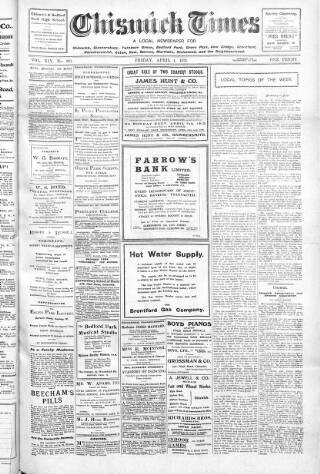 cover page of Chiswick Times published on April 4, 1913