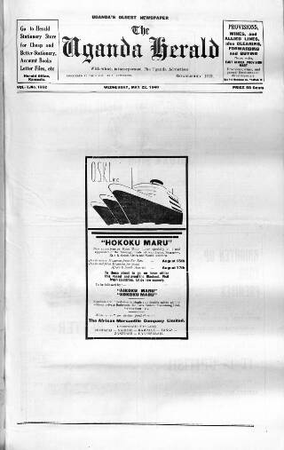 cover page of Uganda Herald published on May 22, 1940