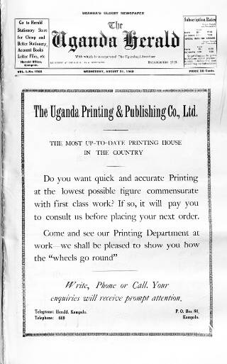 cover page of Uganda Herald published on August 21, 1940