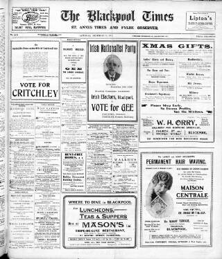 cover page of Blackpool Times published on December 14, 1918